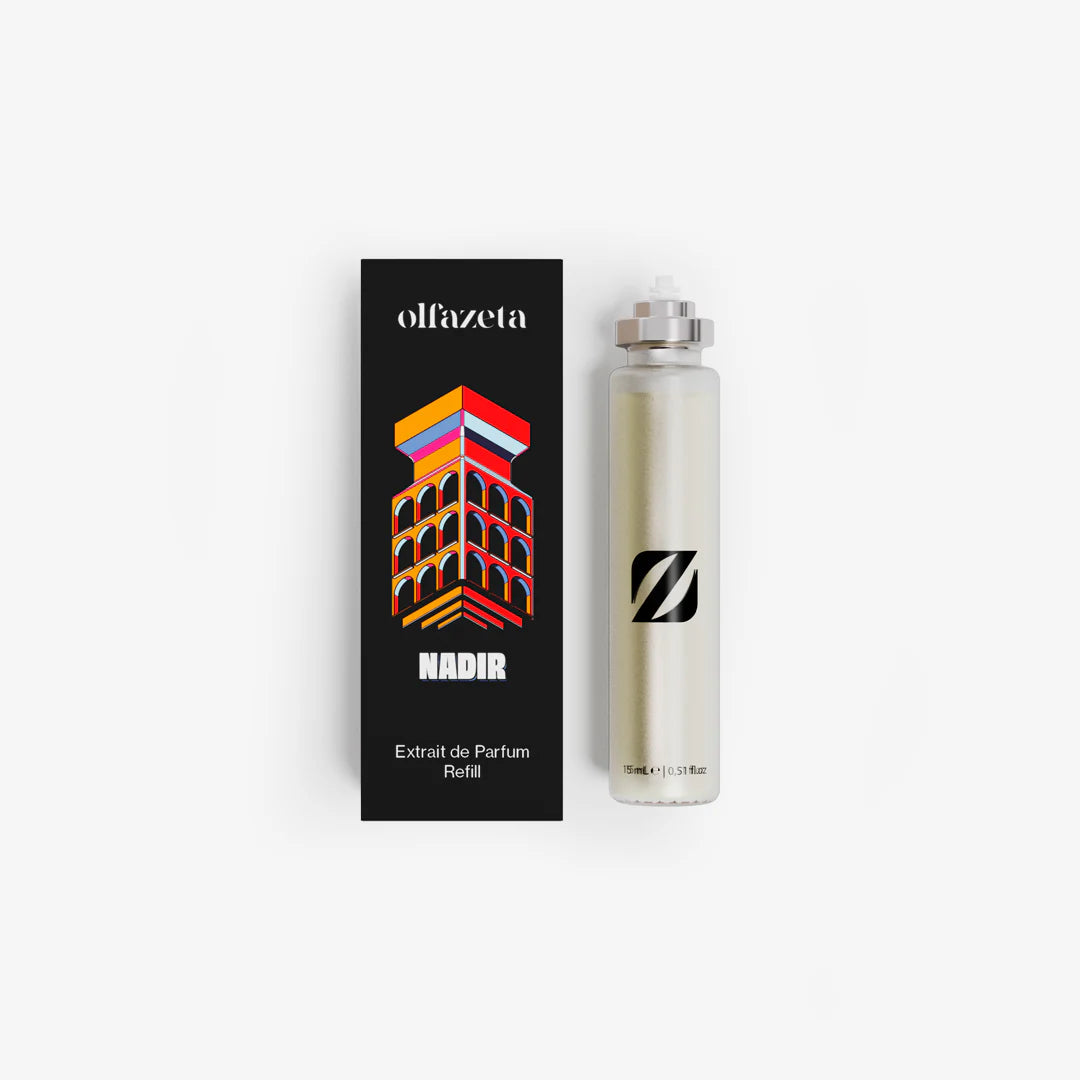 Čierna škatuľka Olfazeta by Chogan Nadir 10 Years Edition s farebnou ilustráciou a náplňou Extrait de Parfum 15 mL
