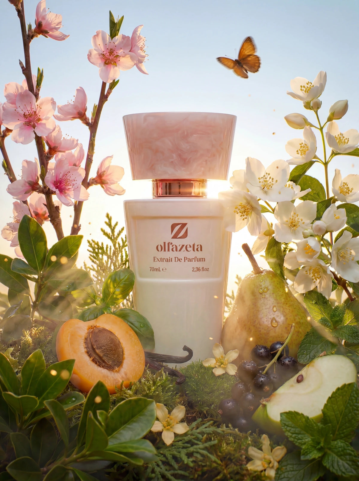 Rosafarbener Flakon Olfazeta by Chogan Millésime N°159 mit aufgeschnittener Aprikose, Birne, weißem Jasmin und Schmetterling im Sonnenlicht